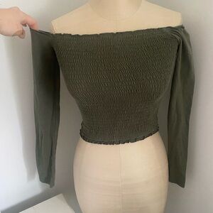 Hollister Dark Green Off-Shoulder Smocked Blouse